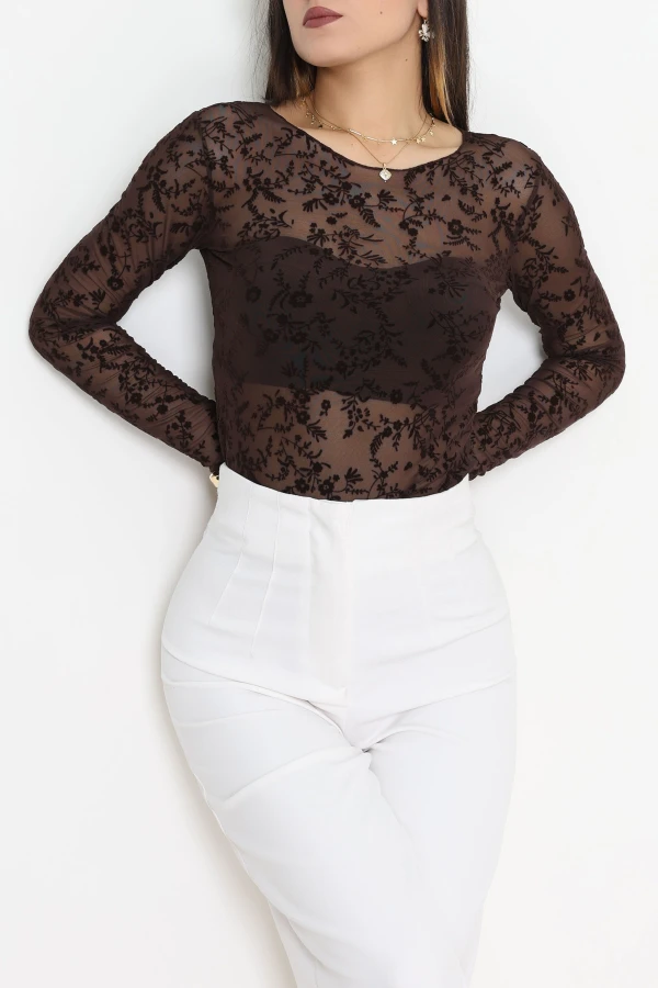 Flok Baskılı Tül Bluz Kahve - 70957.1567.
