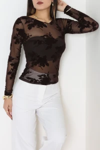 Flok Baskılı Tül Bluz Kahveçiçekli - 70957.1567.