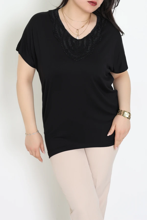 V Yaka Dantel Detaylı Büyük Beden Viskon Bluz Siyah - 71249.1969.