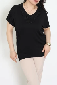 V Yaka Dantel Detaylı Büyük Beden Viskon Bluz Siyah - 71249.1969.