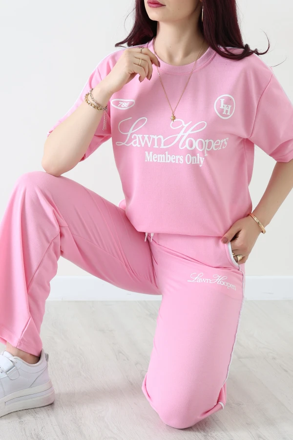 2 İplik Biyeli Baskılı Eşofman Takımı Pembe - 52265.1005.