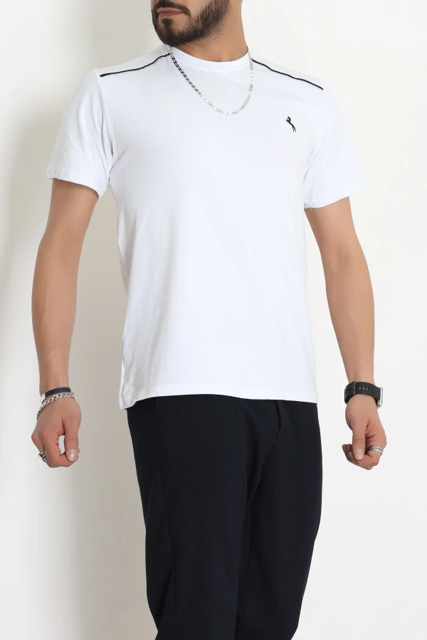 Likralı Penye Biye Detaylı Erkek Tişört Beyaz - 71171.2087.