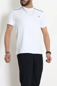 Likralı Penye Biye Detaylı Erkek Tişört Beyaz - 71171.2087.