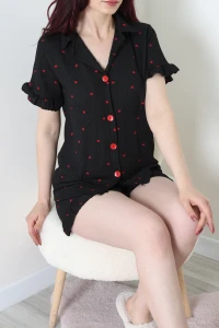 Bürümcük Fırfırlı Şortlu Pijama Takımı Siyahkırmızı - 149.1287.