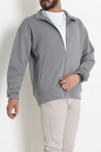3 İplik Şardonsuz Dik Yaka Fermuarlı Erkek Sweat Koyugri - 42816.1878.