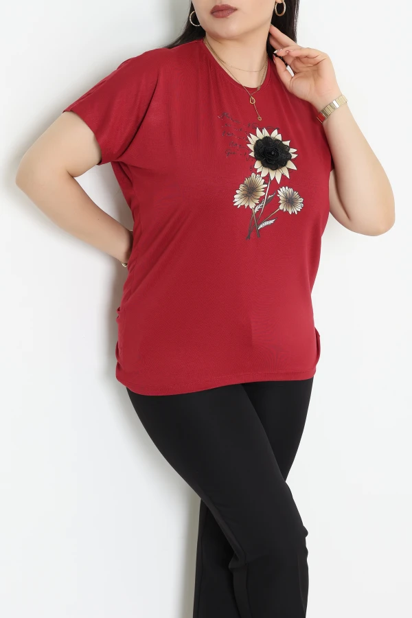 Büyük Beden Çiçek Baskılı Bluz Bordo - 71183.1969.