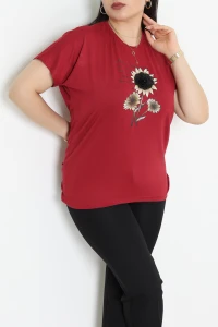 Büyük Beden Çiçek Baskılı Bluz Bordo - 71183.1969.