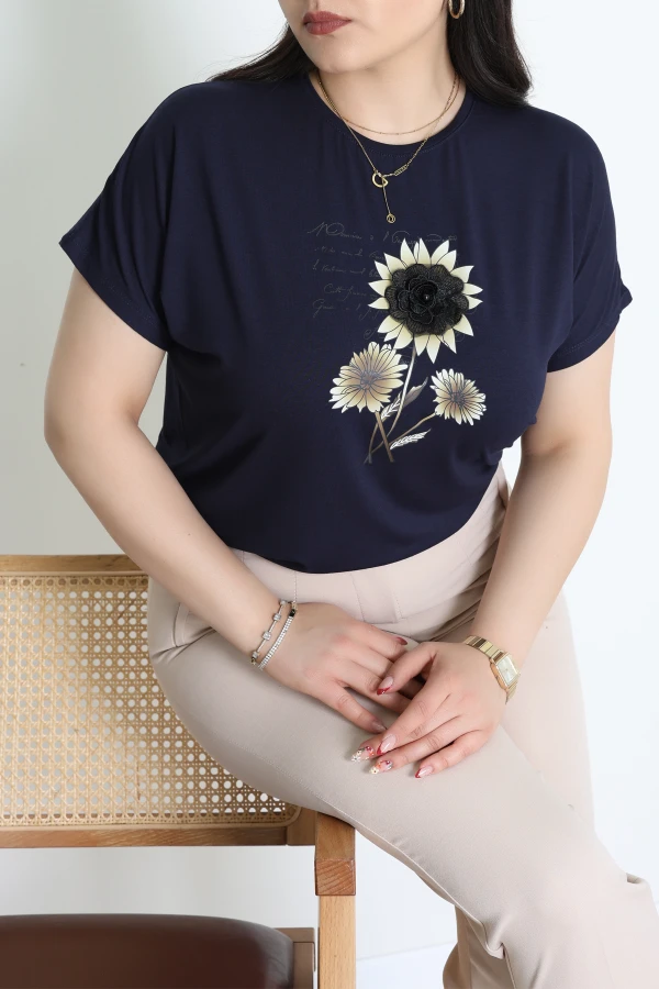 Büyük Beden Çiçek Baskılı Bluz Lacivert - 71183.1969.