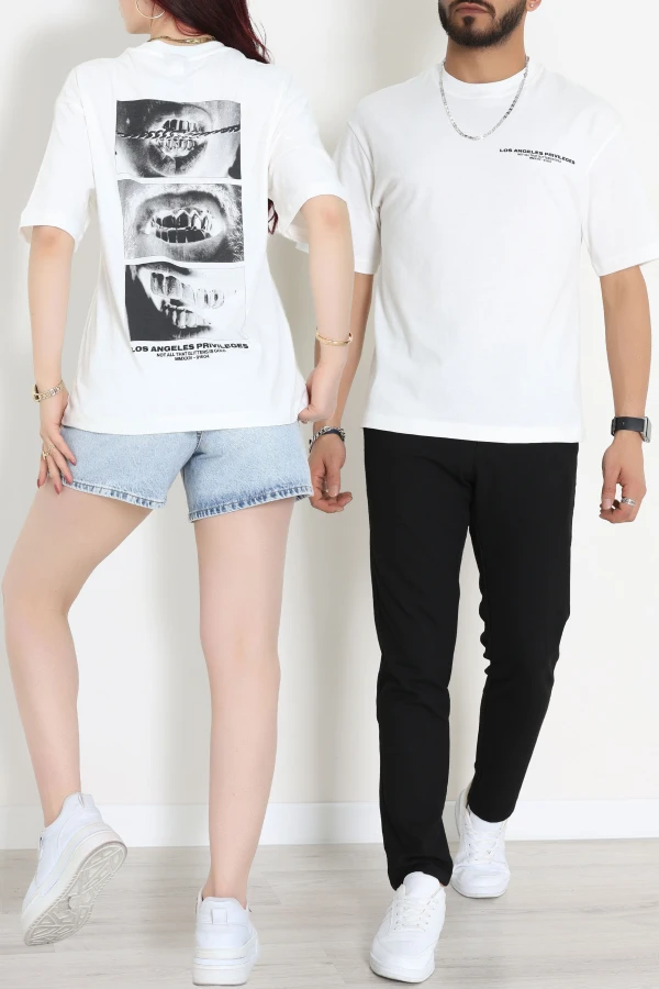 Penye Unisex Ön Arka Baskılı Tişört Ekru - 71417.1871.
