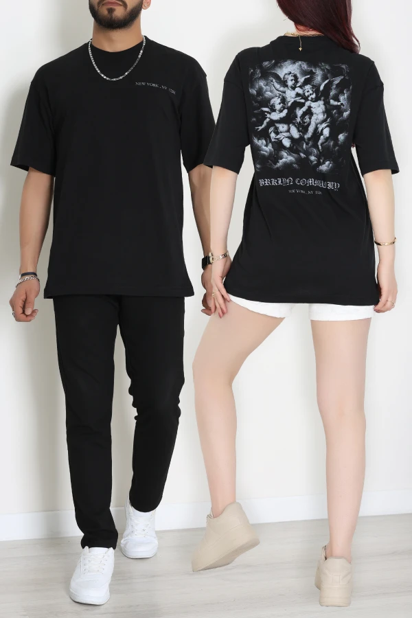 Penye Unisex Ön Arka Baskılı Tişört Siyah - 71418.1871.