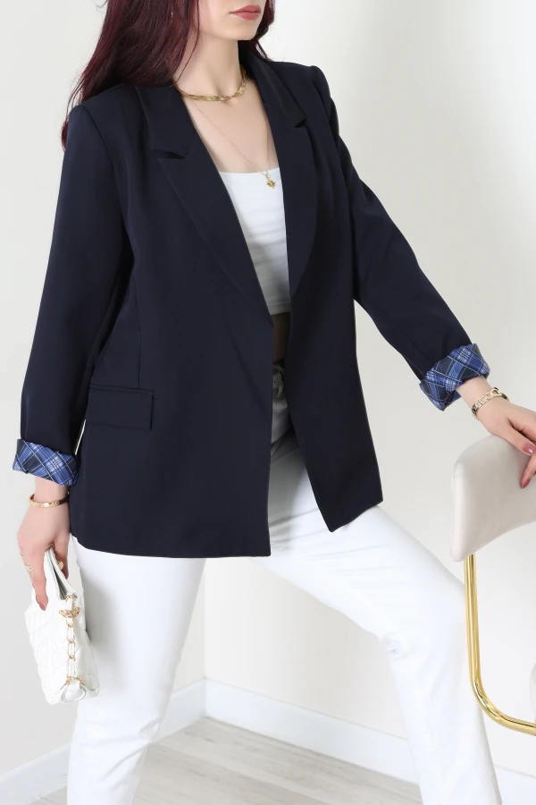 Kolu Ekose Astar Detaylı Blazer Ceket Lacivert - 71438.1991.