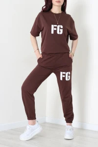 Baskılı Oversize İki İplik Wortex Takım Kahve - 80316.1878.