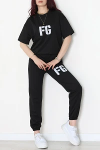 Baskılı Oversize İki İplik Wortex Takım Siyah - 80316.1878.