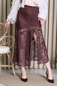 Dantel Detaylı Saten Etek Kahve - 42144.2150.