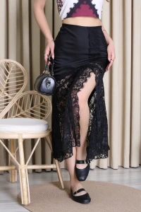Dantel Detaylı Saten Etek Siyah - 42144.2150.