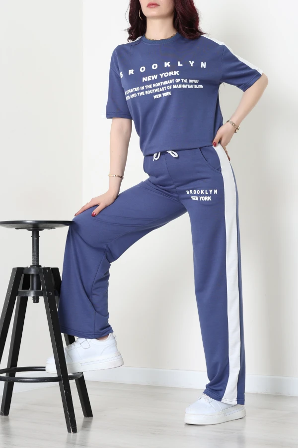 2 İplik Şeritli Baskılı Eşofman Takımı İndigo - 52264.1005.