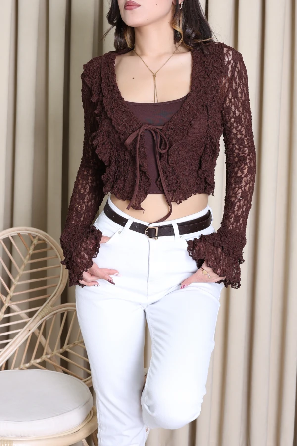 İspanyol Kol Dantelli Bluz Kahve - 6907.2156.
