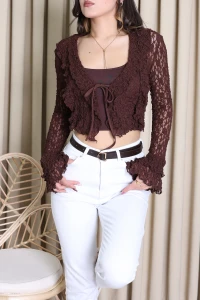 İspanyol Kol Dantelli Bluz Kahve - 6907.2156.