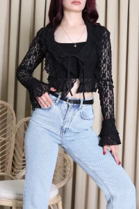 İspanyol Kol Dantelli Bluz Siyah - 6907.2156.