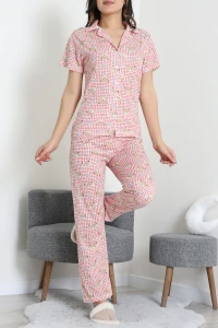 Modal Düğmeli Pijama Takımı Kırmızıkare - 789.1287.