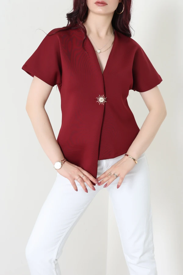 Asimetrik Scuba Kumaş Gold Düğmeli Ceket Bordo - 32455.2023.