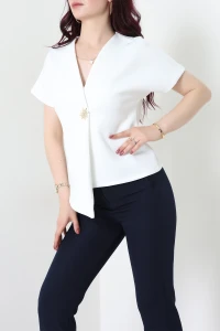 Asimetrik Scuba Kumaş Gold Düğmeli Ceket Ekru - 32455.2023.