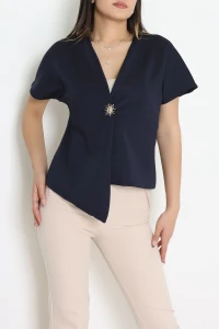 Asimetrik Scuba Kumaş Gold Düğmeli Ceket Lacivert - 32455.2023.