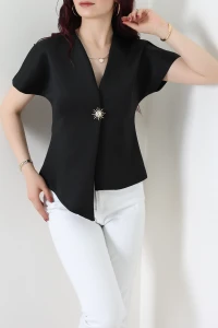 Asimetrik Scuba Kumaş Gold Düğmeli Ceket Siyah - 32455.2023.