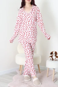 Baskılı Düğmeli Pijama Takım Beyazkalp - 50776.1773.