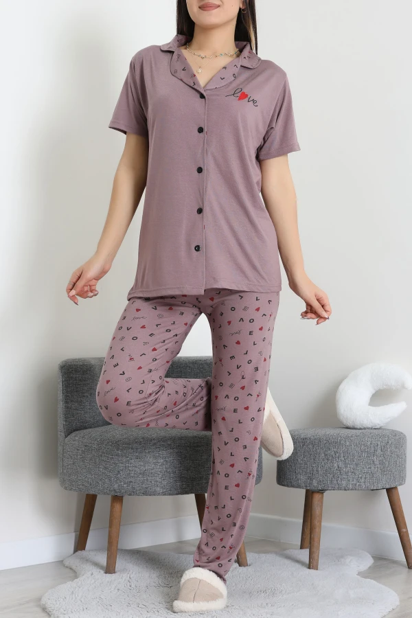 Baskılı Düğmeli Pijama Takım Patlıcanmor - 50776.1773.