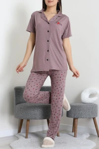 Baskılı Düğmeli Pijama Takım Patlıcanmor - 50776.1773.