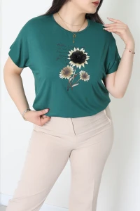 Büyük Beden Çiçek Baskılı Bluz Zümrüt - 71183.1969.