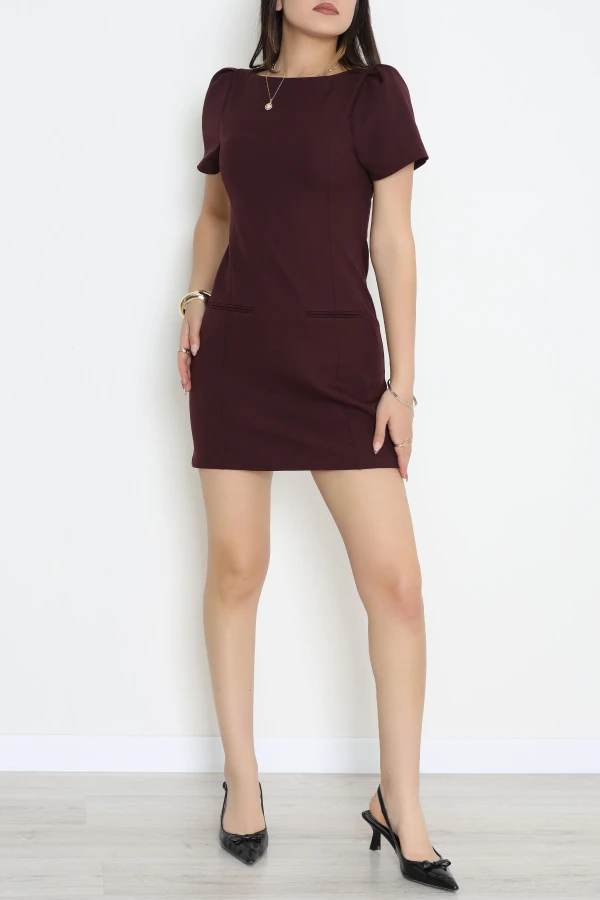 Prenses Kol Lamine Dabıl Mini Elbise  Mürdüm - 71233.1397.