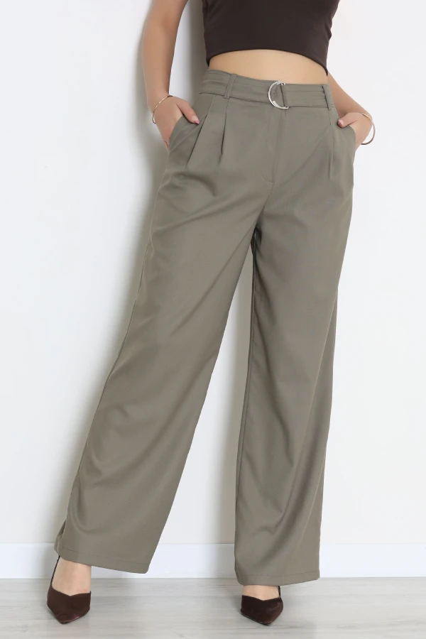 Poliviskon Kemerli Geniş Paça Pantolon Haki - 7960.1437.