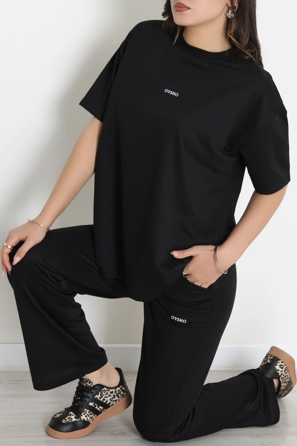 Baskılı Oversize İki İplik Wortex Takım Siyah - 80315.1878.