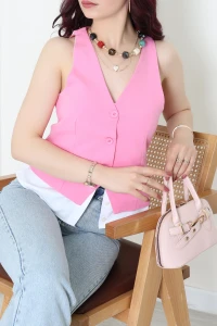 Poliviskon Gömlek Detay Yelek Pembe - 8212.1437.