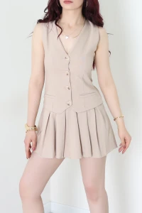 Poliviskon Pileli Düğmeli Elbise Taş - 8221.1437.