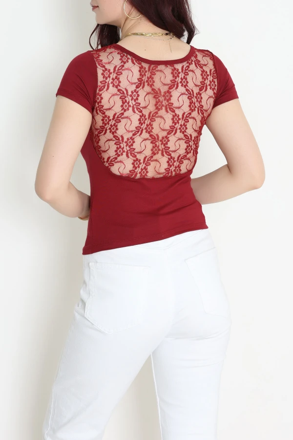 Sırt Transparan Dantel Detaylı İpeksi Viskon Bluz Bordo - 71092.1567.