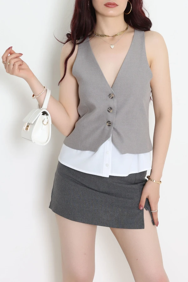 Poliviskon Gömlek Detaylı V Yaka Yelek Gri - 7976.1437.