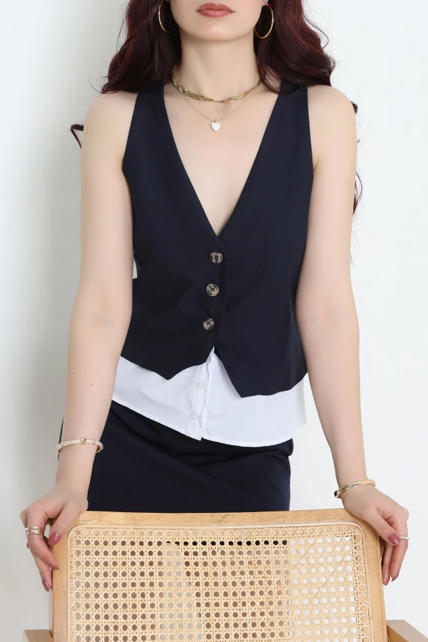 Poliviskon Gömlek Detaylı V Yaka Yelek Lacivert - 7976.1437.