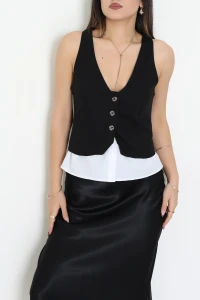 Poliviskon Gömlek Detaylı V Yaka Yelek Siyah - 7976.1437.