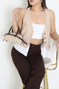 Poliviskon Gömlek Detaylı V Yaka Yelek Bej - 7976.1437.