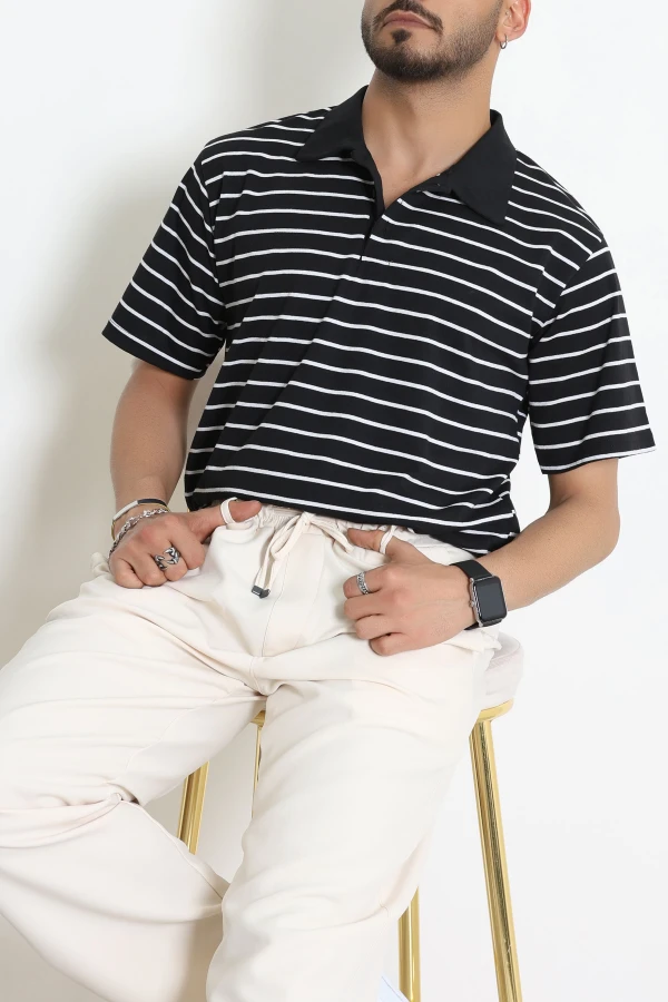 Süprem Çizgili Polo Yaka Erkek Tişört Siyahbeyaz - 71707.1567.