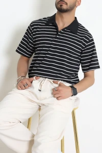 Süprem Çizgili Polo Yaka Erkek Tişört Siyahbeyaz - 71707.1567.