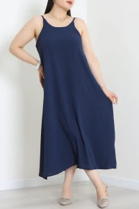 Büyük Beden İp Askılı Ayrobin Kumaş Elbise Lacivert - 71342.2118.