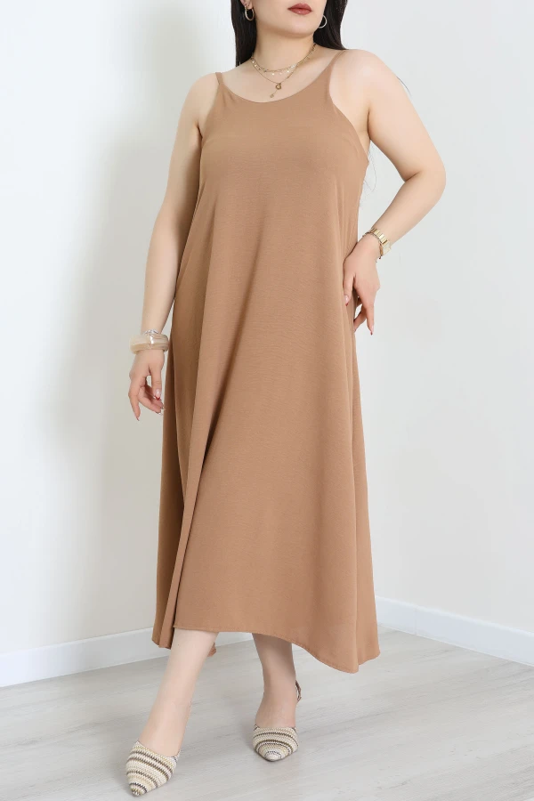 Büyük Beden İp Askılı Ayrobin Kumaş Elbise Latte - 71342.2118.