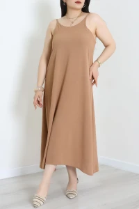 Büyük Beden İp Askılı Ayrobin Kumaş Elbise Latte - 71342.2118.