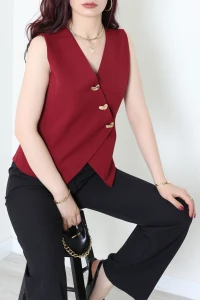 Asimetrik Kesim Astarlı Dabıl Yelek Bordo - 32457.1991.