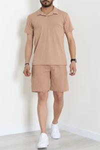 Burgu Likralı Polo Yaka Erkek Şort Takım Camel - 71035.1937.