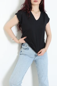 V Yaka Örme Modal Kumaş Bluz Siyah - 71338.1567.